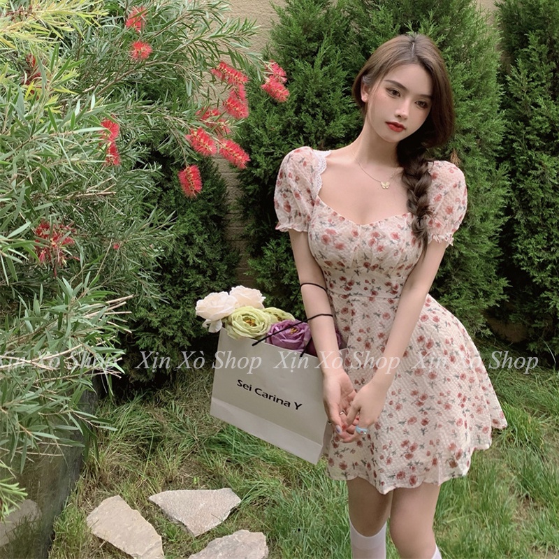 Váy hoa nhí viền ren hở lưng có đệm ngực 2 lớp Đầm nữ dáng ngắn xuân hè 2023