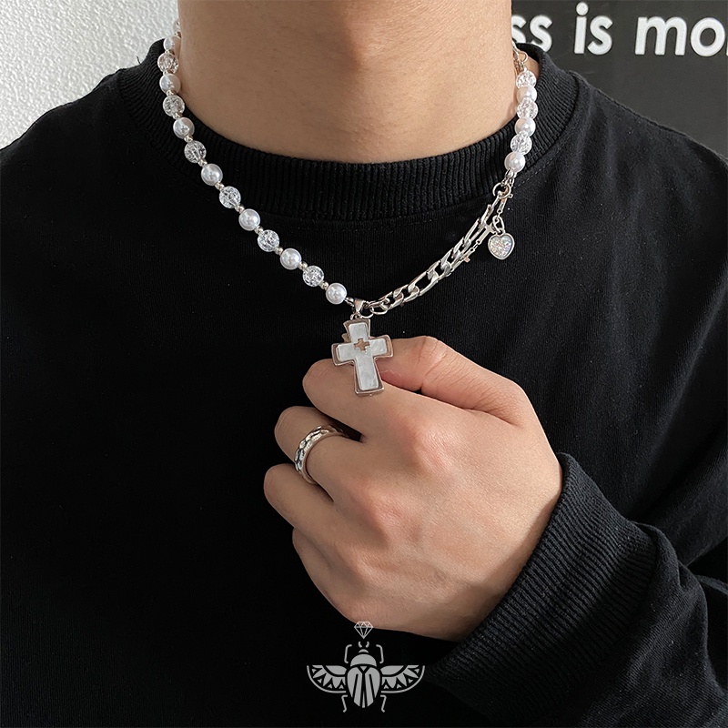 Vòng cổ Chuỗi Ngọc Trai Mặt Thánh Giá Sang Trọng Phong Cách hip hop
