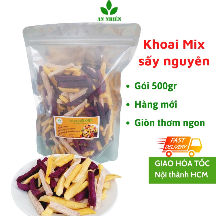 Mix khoai lang sấy vàng, tím, khoai môn sấy hàng nguyên An Nhiên gói 500gr