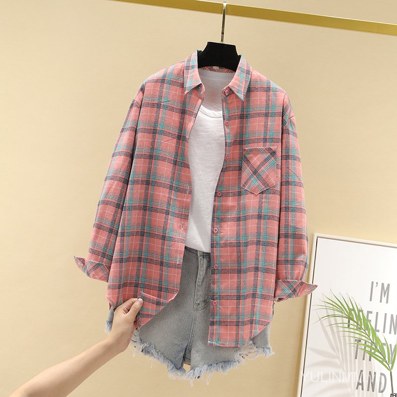 Korean style plaid long-sleeve shirt for women spring-summer for women S2021K