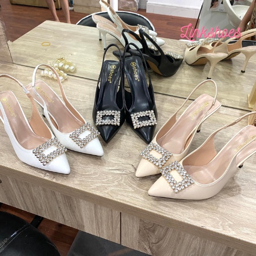 Giày cao gót mũi nhọn sandal hoa đá vuông chất liệu si PU mịn 3 màu đen trắng kem Mã BN02 Link Shoes