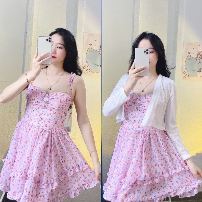 Set váy áo hoa nhí 2 dây, Set váy tiểu thư 2 dây hoa nhí kèm áo khoác CADIGAN thun gân cao cấp bao xinh.