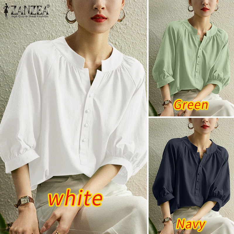 Áo kiểu ZANZEA tay lửng cổ tròn xếp ly thời trang dành cho nữ