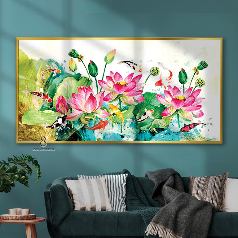 Tranh Canvas | Sen Hồng Và Đàn Cá | 1FHLOTU002 | Tranh Căng Khung Cao Cấp - Tặng Kèm Đinh Đa Năng