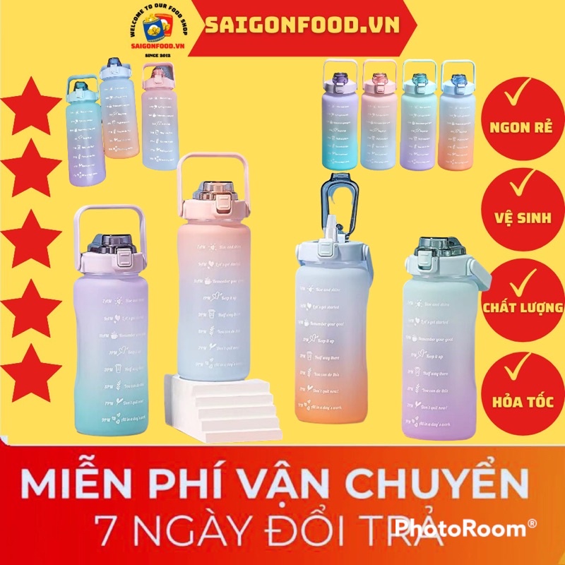 Bình nước nhựa cao cấp 2 màu Gradient 2LÍT vạch chia nhắn giờ dành cho ng lười uống, vòi và ống hút tiện dụng
