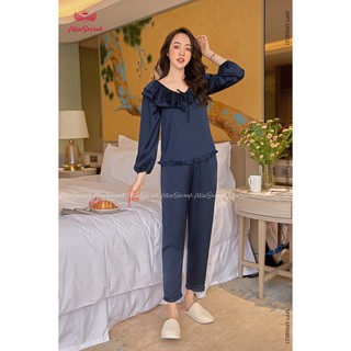 Bộ Đồ Ngủ Pijama Mia Secret Lụa Hải Đường Cao Cấp - Bèo Trùm Vai Nơ Ngực Xanh Dài Tay - SP008021