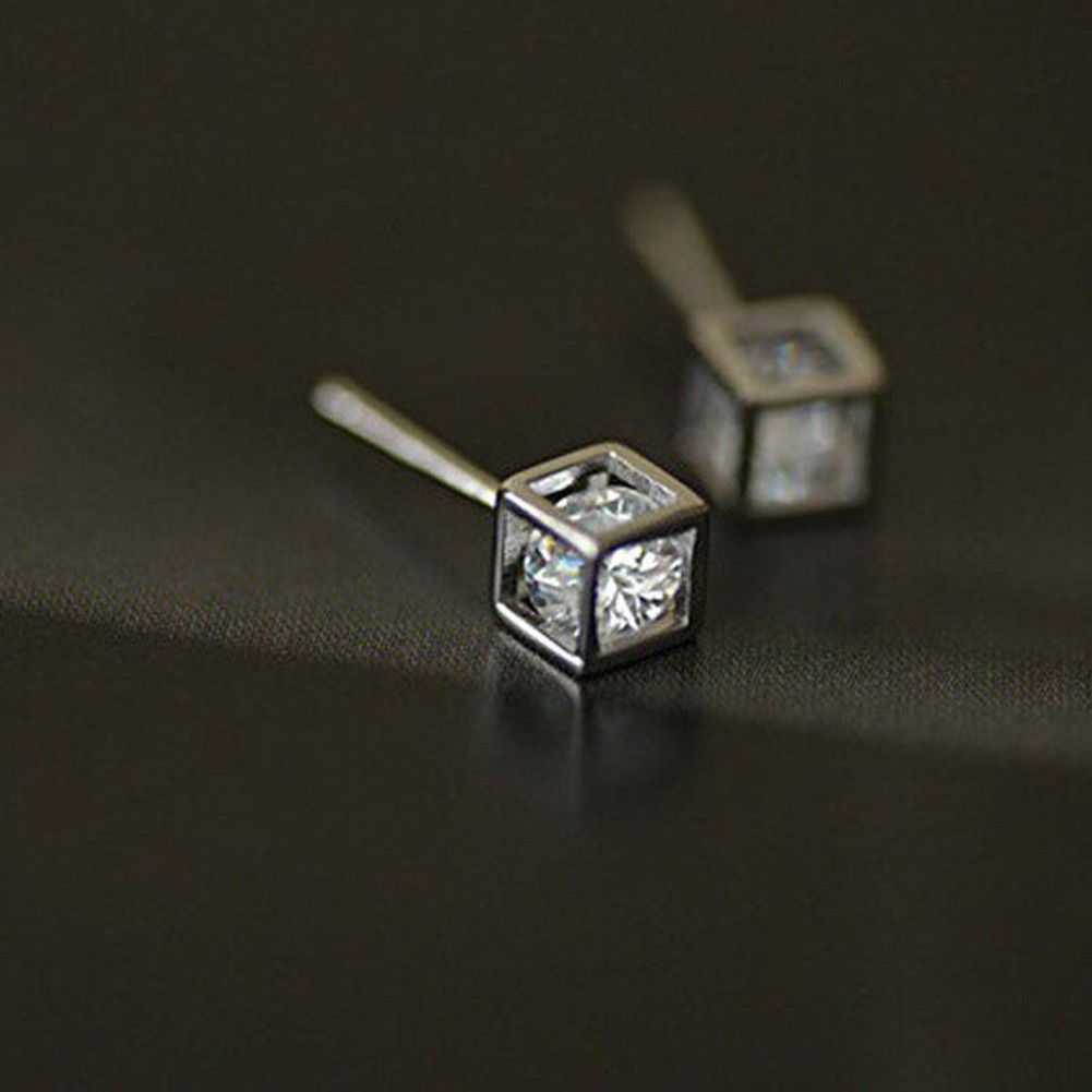 Hoa tai xi bạc mặt hình khối vuông cho nữ