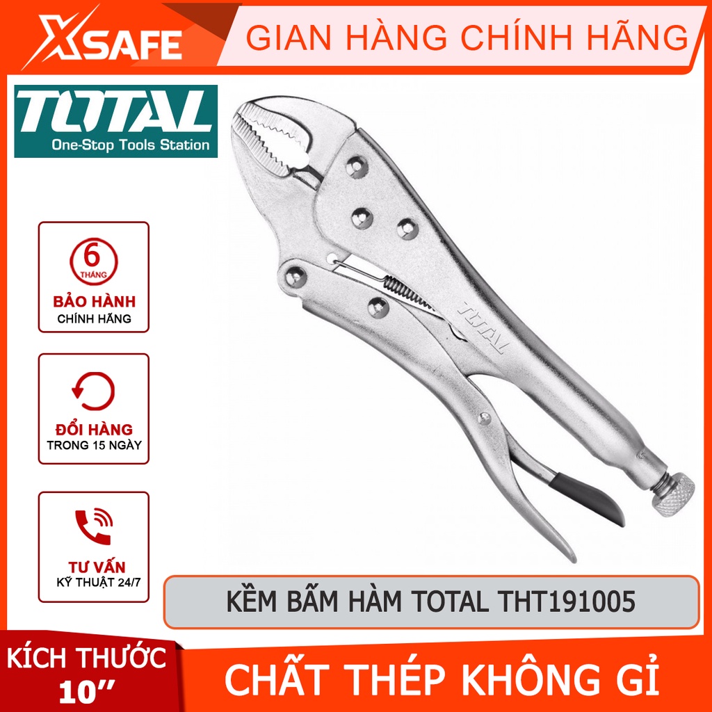 Kìm bấm khóa TOTAL THT191005 | Kềm bấm hàm Kích thước 10'' thép không gỉ, mạ niken bóng kẹp chặt, khóa, hỗ trợ siết lực