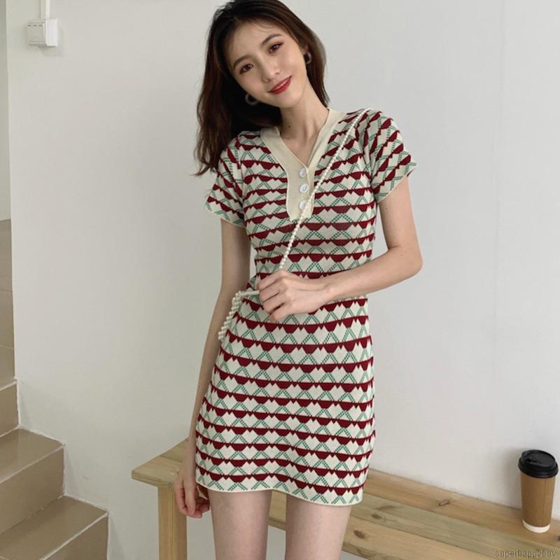 Đầm Dệt Ngắn Tay Cổ Chữ V Xinh Xắn Theo Phong Cách Retro Hàn Quốc Dành Cho Nữ