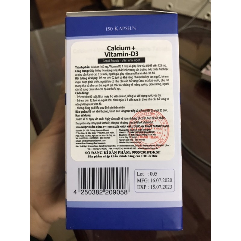 Viên nhai Canxi ngọt vị Socola Calcium + vitamin-D3. Lọ 150 viên. Nhập khẩu Chính hãng CHLB Đức