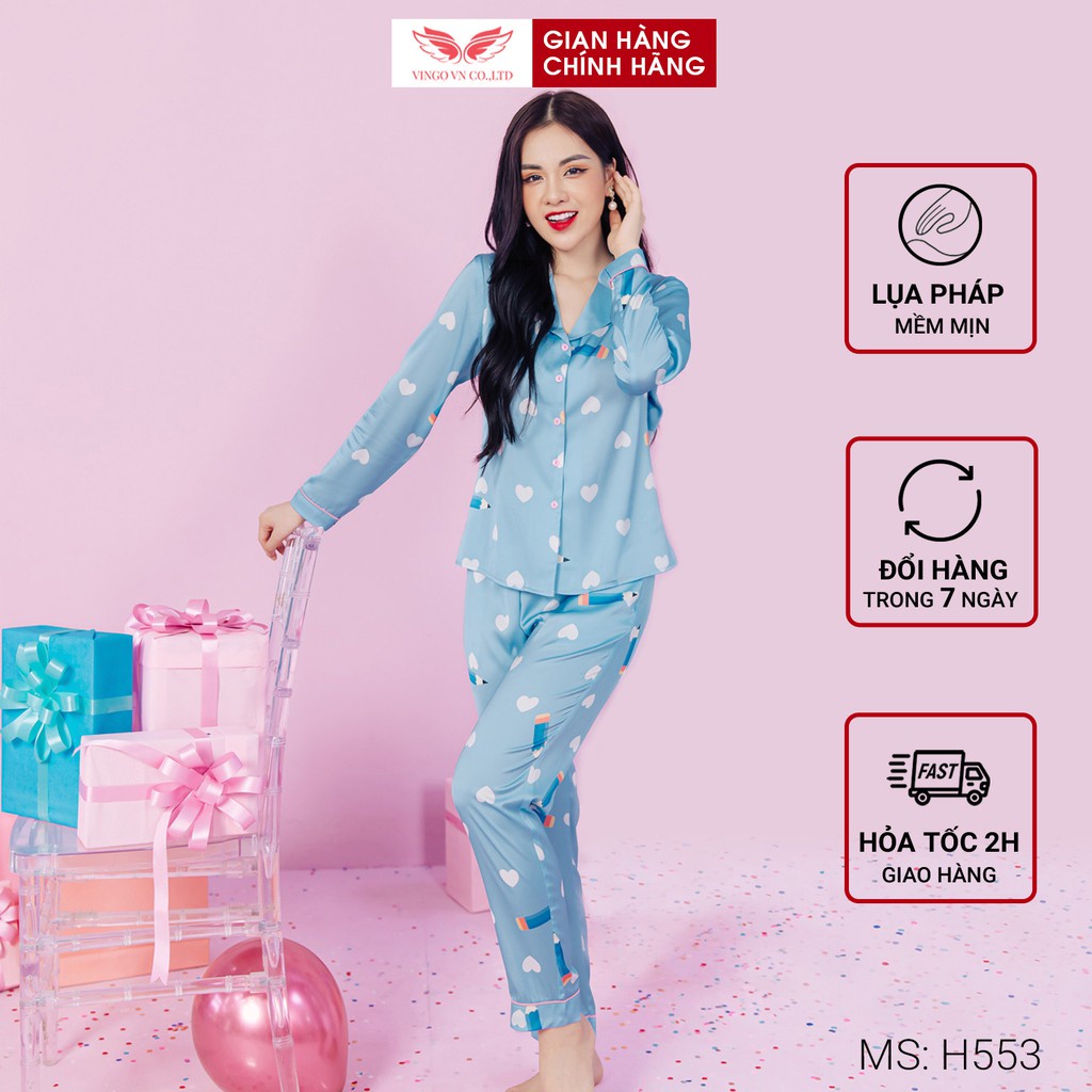 Đồ bộ nữ mặc nhà Pyjama VINGO Lụa Pháp cao cấp tay dài quần dài họa tiết hồng phối xanh mùa Thu Đông H553 VNGO - TDQD