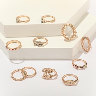 11pcs/set Rhinestone Leaf Eye Ring Women Geometric Knuckle Rings Jewelry
