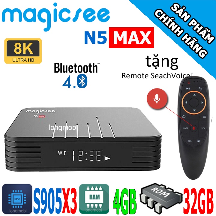 Thiết Bị Truyền Hình Android Box MagicSee N5 Max S905x3 Ram4GB/32GB Android 9.0 Tặng Chuột Bay G10s