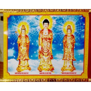 tranh Tây phương tam thánh-tiếp dẫn nẹp gỗ khổ 46x62cm