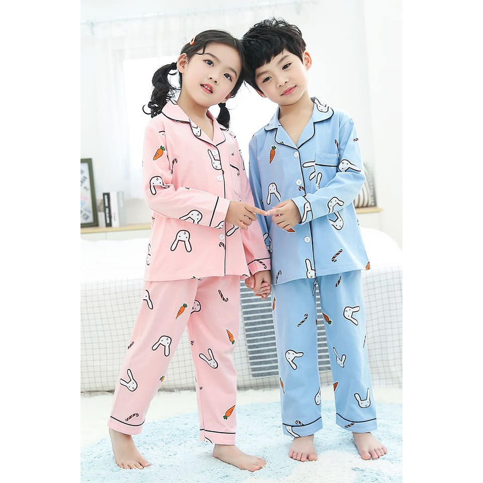 Bộ pizama bé gái bé trai hình thỏ xinh chất thun cotton xinh mát ấm áp mùa mưa