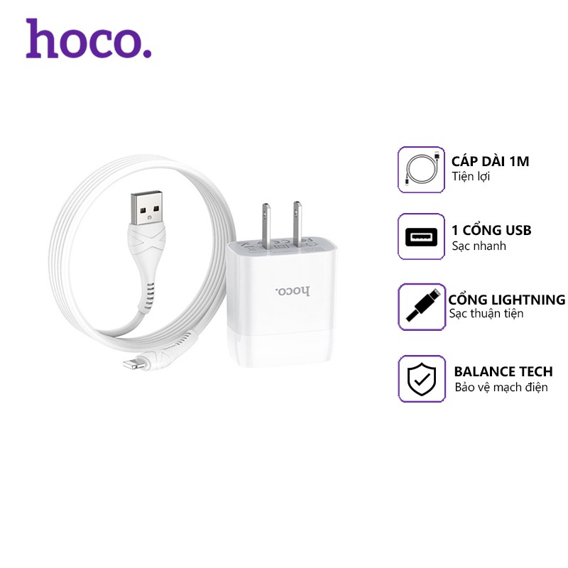 Bộ sạc nhanh Hoco C72 1 cổng USB 2.1A, dài 1m, cáp Lightning, tương thích thiết bị Apple