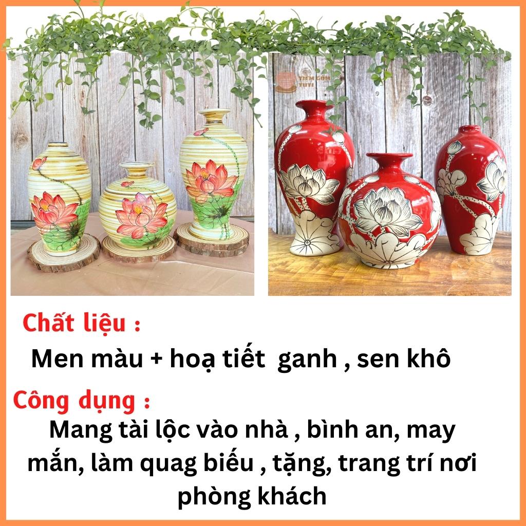 Lọ Hoa Decor Bộ Bình Hút Lộc - BÁT TRÀNG men bóng vàng đỏ cô-ban , họa tiết hoa vẽ tay cao 25,19,15cm - GỐM SỨ TUTI