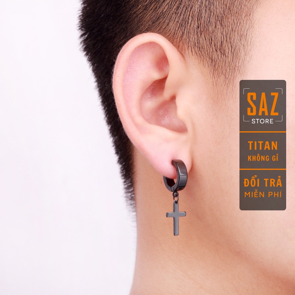 Khuyên tai tròn dạng xỏ nam nữ SAZ màu bạc đen đơn giản đẹp nhỏ xinh - HT Chữ thập