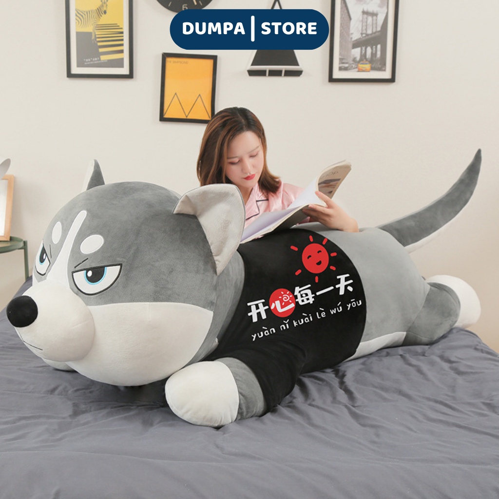 Gấu bông chó Husky gối ôm thú nhồi bông siêu to chất liệu nhung mềm mịn dễ thương DUMPA STORE