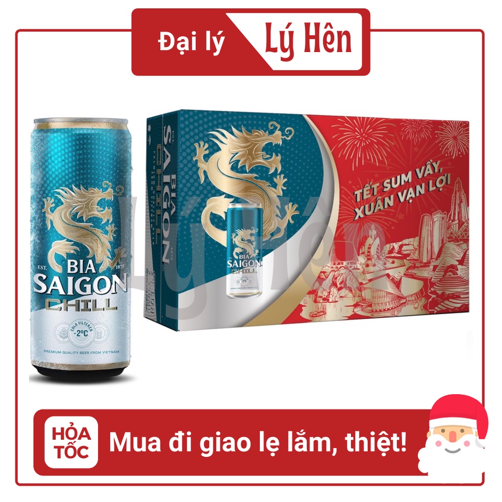 Thùng 24 Lon Cao Bia Sài Gòn Saigon Chill Bao Bì Xuân 330ml/Lon Date Luôn Mới