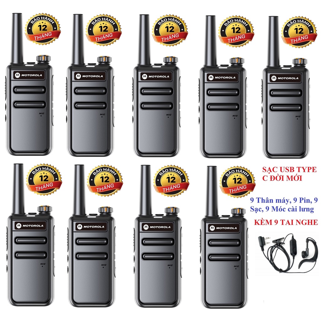 Bộ 9 Bộ Motorola GP568 (Loa to&amp; chống từ tính, Pin sử dụng trên 15 tiếng,cự ly liên lạc xa, Sạc USB Type C)