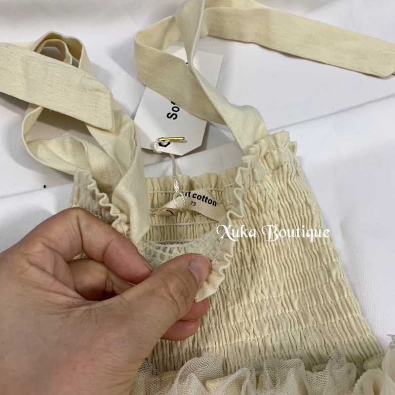 Váy Body Chip Ren buộc dây màu kem Soft Cotton Cao Cấp bé gái (ảnh thật) Size 73-80-90-100