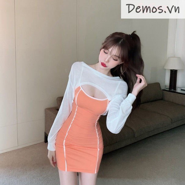 Set Áo Sơ Mi Dài Tay + Đầm Yếm Màu Cam Thời Trang Nữ