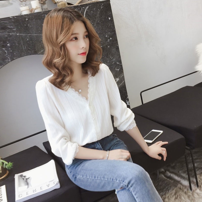 Áo Sơ Mi Chiffon Tay Dài Cổ Chữ V Phong Cách Hàn Quốc Thời Trang Xuân Hè Hàng Mới 2021 Dành Cho Bạn Nữ