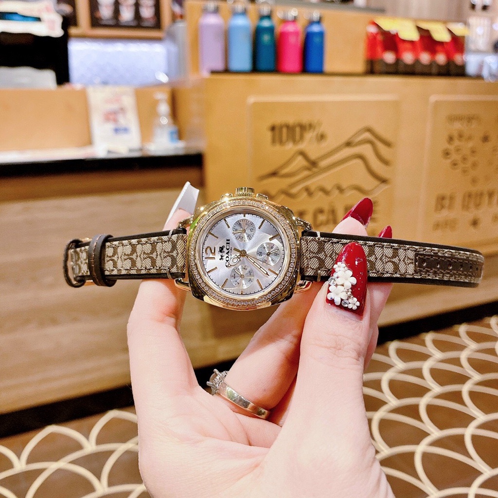 Đồng Hồ Nữ Coach 6 Kim Dây Da Mặt Đính Đá Vỏ Gold 35mm