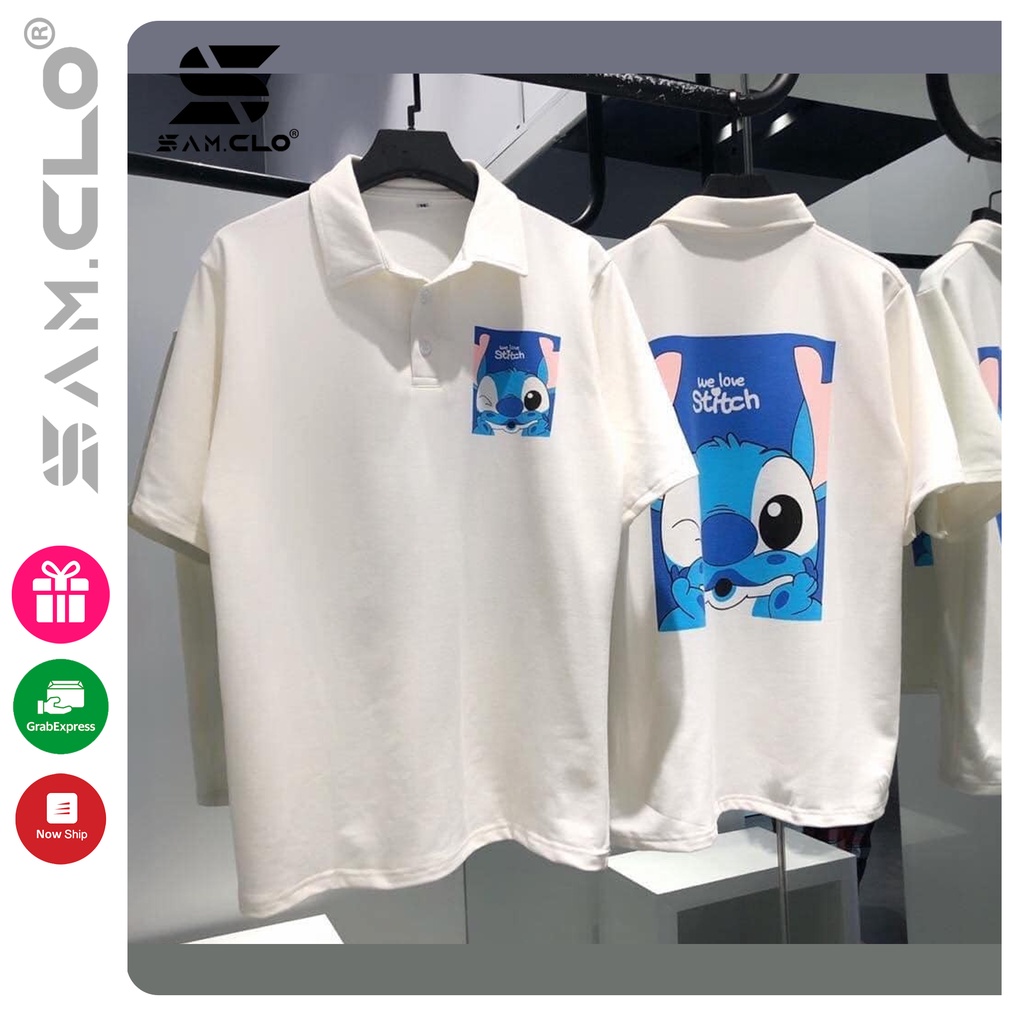 Áo thun POLO nữ tay lỡ có cổ phông form rộng freesize unisex mặc đi học, cặp, nhóm, lớp in hình stitch chữ WE LOVE