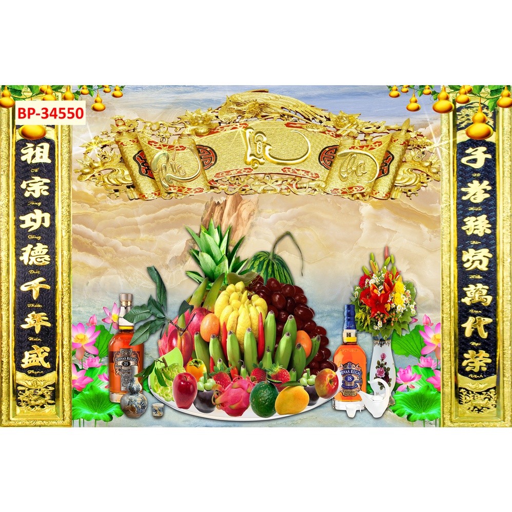 Tranh 3d dán tường bằng vải lụa cao cấp vị trí ban thờ, bàn thờ gia tiên