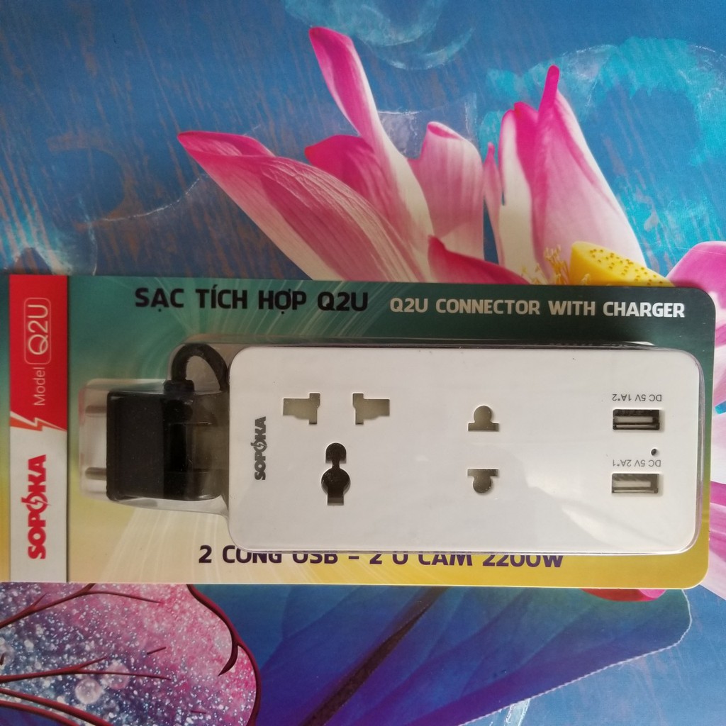 Sạc USB tích hợp dây, ổ cắm điện Q2U Sopoka / Sạc tích hợp kèm dây, 2 cổng USB và 4 ổ cắm 2200W