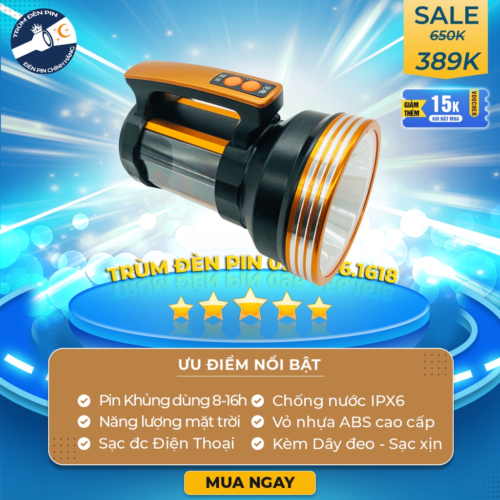 Đèn pin cầm tay siêu sáng 200W YUXING F8 LED Tích hợp năng lượng mặt trời, kèm tính năng sạc dự phòng cho điện thoại