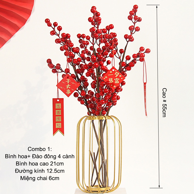 Combo Bình Và Hoa Đào đông Lá Quạt trang trí Tết May mắn Tài lộc SG.DECOR