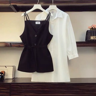 Set Sơ Mi Lụa Trắng Mỏng Kèm Áo Yếm Đen Thắt Eo Siêu Sang Chảnh