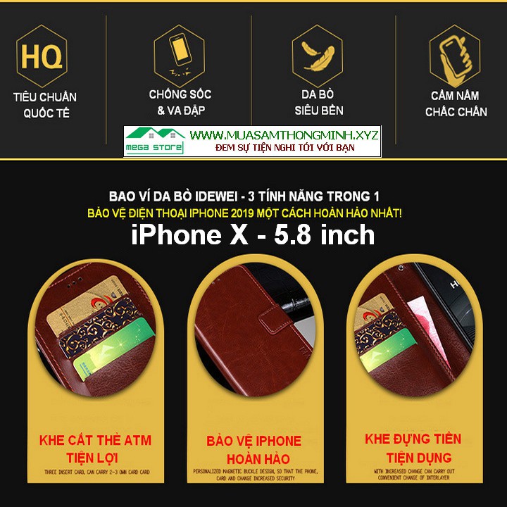 Bao Da iPhone X – 5.8 Inch – Bao Da Đa Năng – Chính Hãng IDEWEI