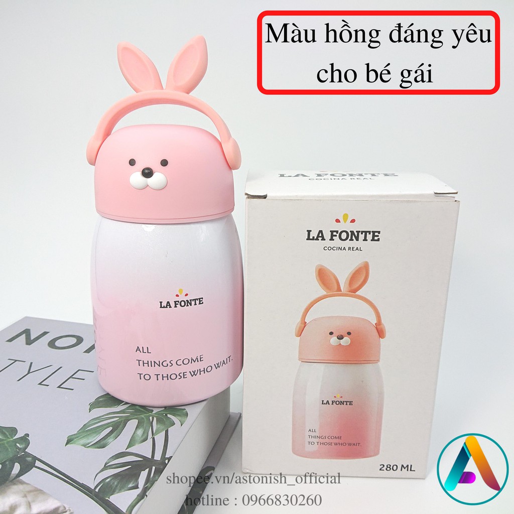 Bình Nước Giữ Nhiệt Cho Bé Ngộ Nghĩnh Màu Hồng / Màu Xanh Inox 304 Cao Cấp La Fonte Dung Tích 280ml