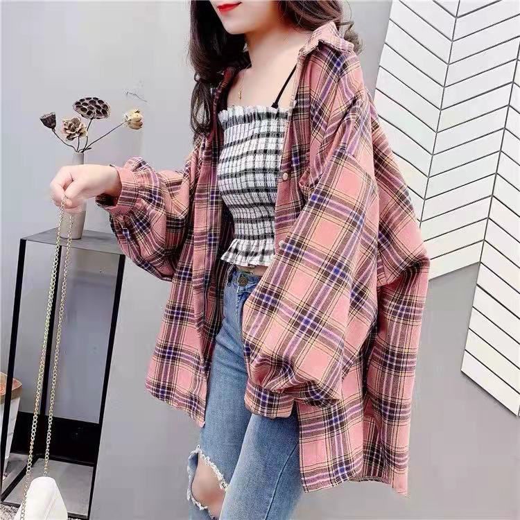 Áo Sơ Mi Ca Rô Dáng Rộng Phong Cách retro Hàn Quốc Cho áo Sơ Mi Sọc Ca Rô Nữ NZ-CS-32