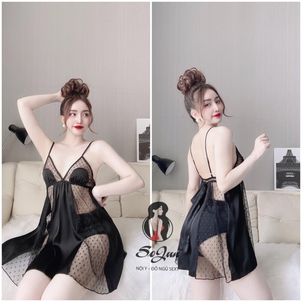 Váy Ngủ Nữ SOJUN Vải Latin Phối Lưới Kèm Quần Dưới 57Kg