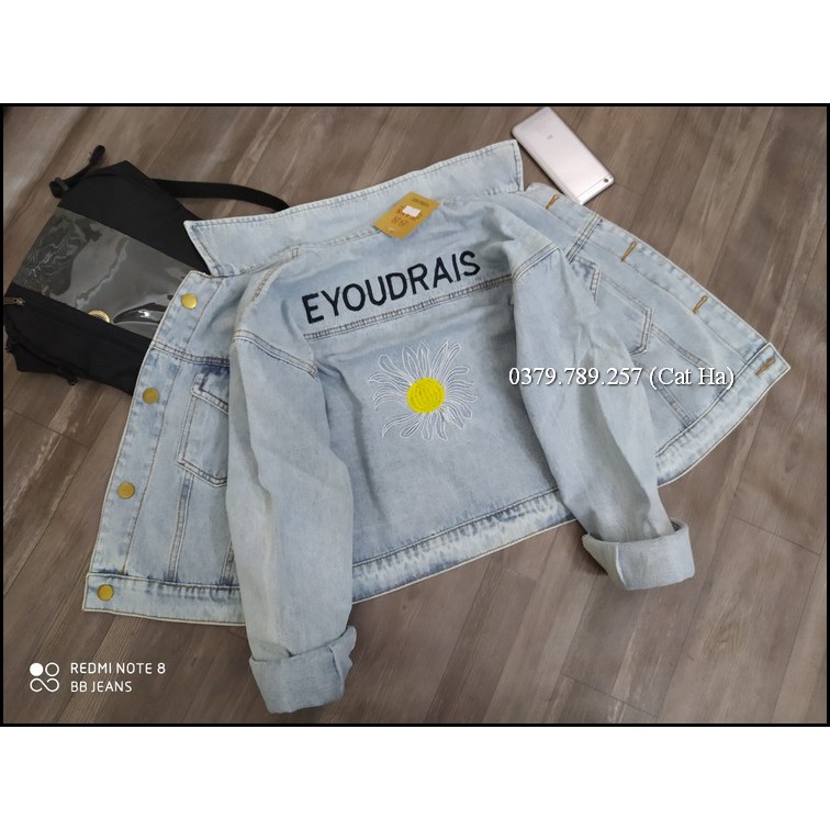 Aó khoác jean nữ xám xanh như hình form dưới 58Kg bông cúc đậm nhạt BB20