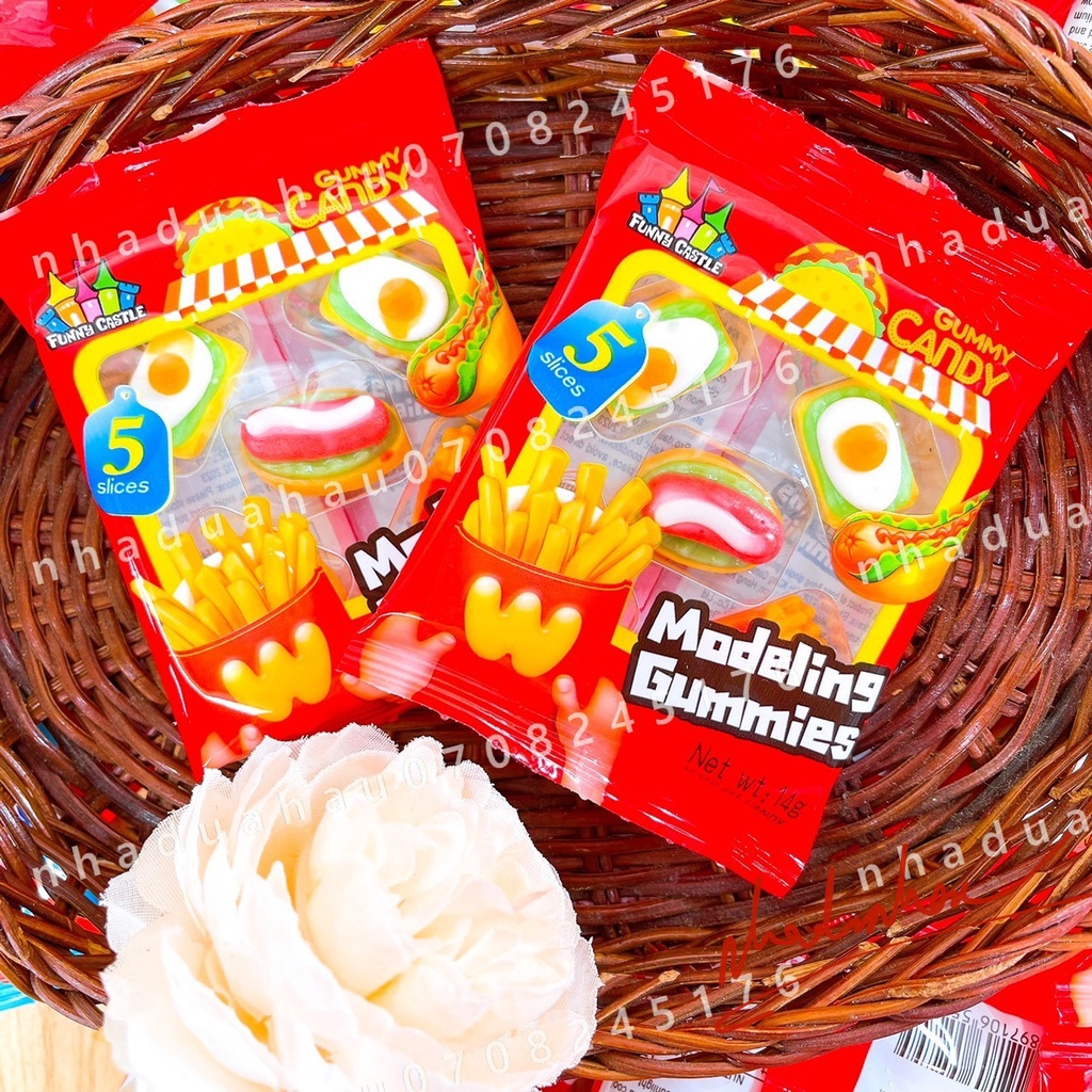 Lẻ 1 gói kẹo dẻo vỉ xanh đỏ hình burger/ khoai tây/ trứng chiên/ bảng chữ cái Funny Castle Hongkong vỉ 15gam