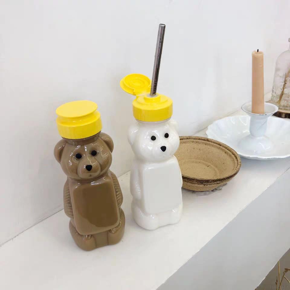 Bình nước nhựa trong suốt kiểu gấu Kawaii đáng yêu có ống hút tiện lợi