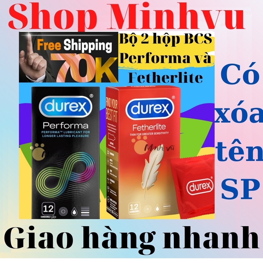 [ Có video ảnh thật ]Bộ 2 hộp bao cao su Durex Fetherlite mỏng 12 chiếc và bcs Durex Performa kéo dài thời gian 12 chiếc