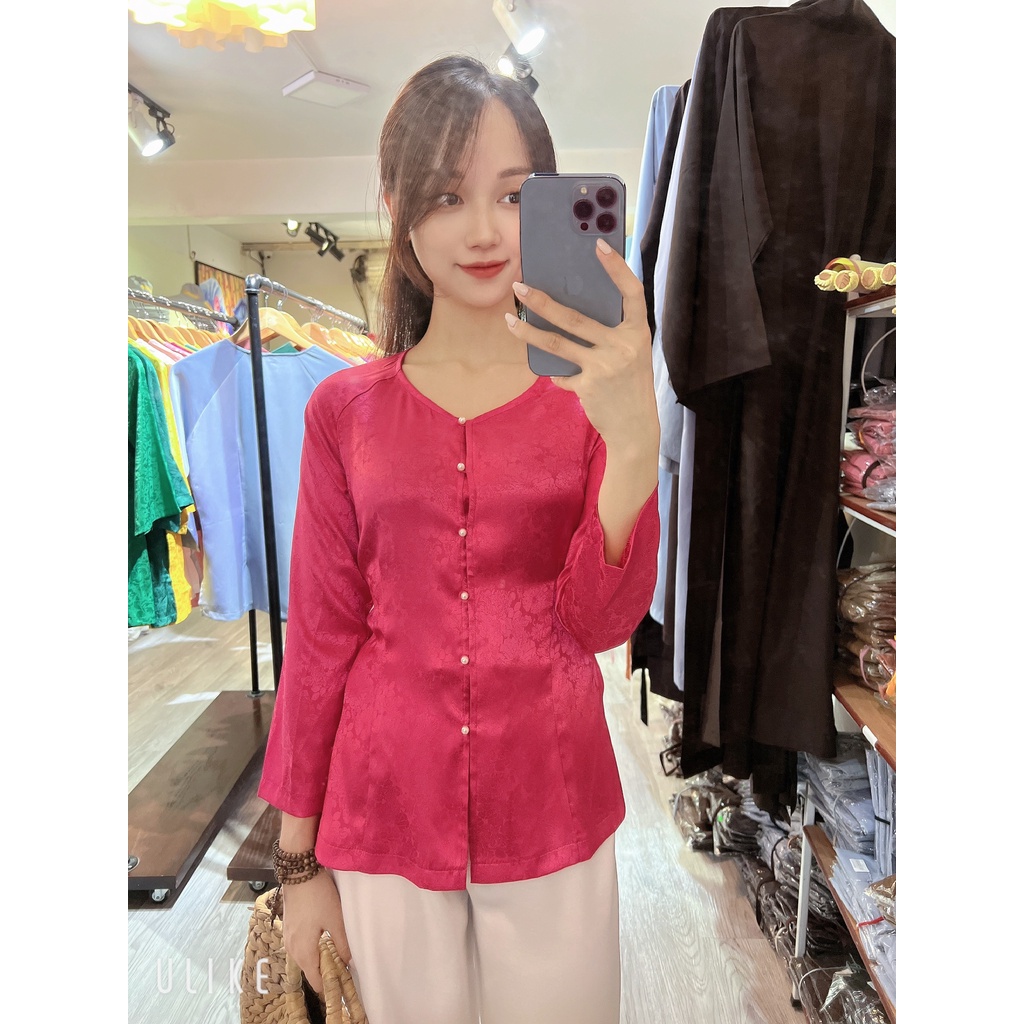 ❤️Áo bà ba màu hồng vải lụa gấm Hàn Châu # áo lụa cao cấp # bà ba vân hoa sen cúc ngọc sang chảnh AB12 Hồng Đậm
