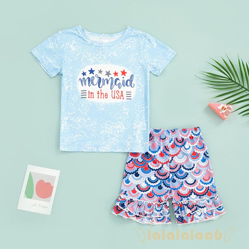 Set Áo Thun Ngắn Tay In Chữ + Quần Short Viền Bèo Họa Tiết Gợn Sóng Thời Trang Cho Bé Gái