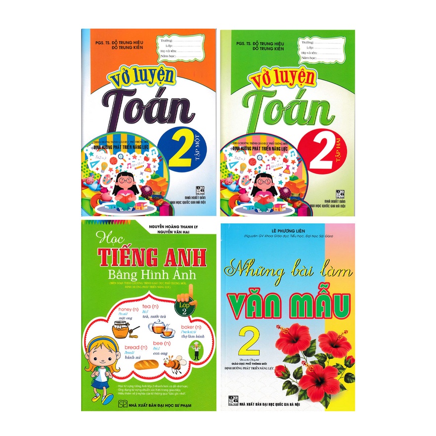 Sách - Combo Vở Luyện Toán - Học Tiếng Anh Bằng Hình Ảnh - Những Bài Làm Văn Mẫu Lớp 2 (Bộ 4 Cuốn)