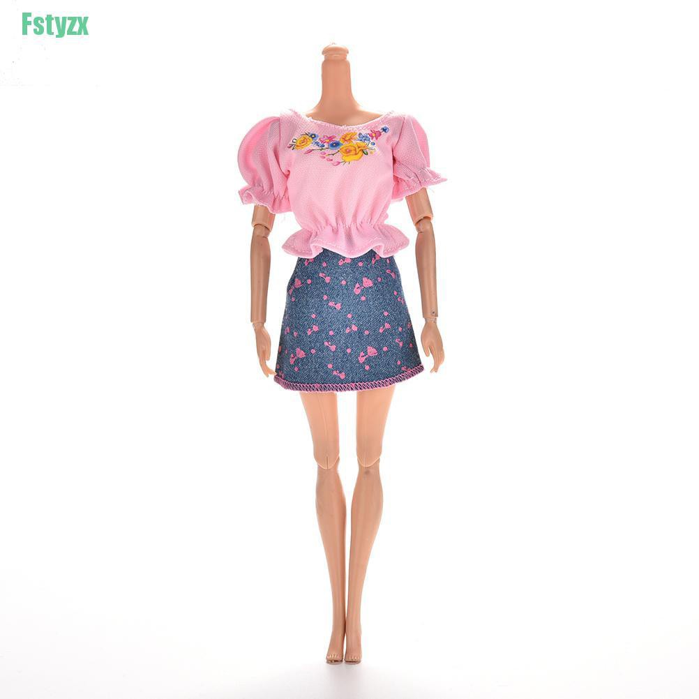 fstyzx 2 Pcs/Set Pink T Shirt and Blue Denim Skirt for Barbies Princess Dolls