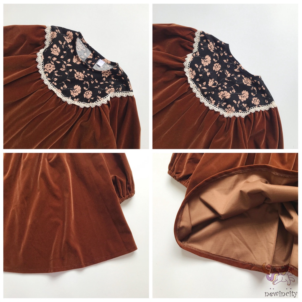 Đầm Nhung Tay Bồng Phong Cách Retro Hàn Quốc Dành Cho Bé Gái