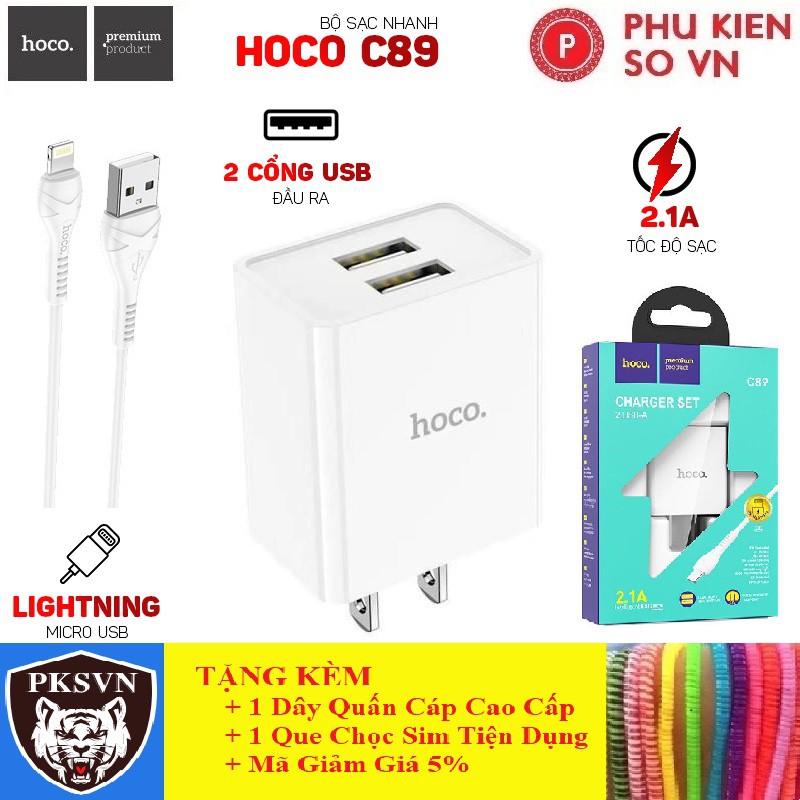 Bộ Sạc Iphone Chính Hãng Hoco C89 - Bộ Củ Cáp Sạc USB to Lightning 2 cổng USB Sạc Nhanh 2.1A tương thích với dòng iPhone
