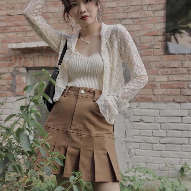 Chân Váy Chữ A Lưng Cao Xếp Ly Thời Trang Retro Hồng Kông Mới Cho Nữ